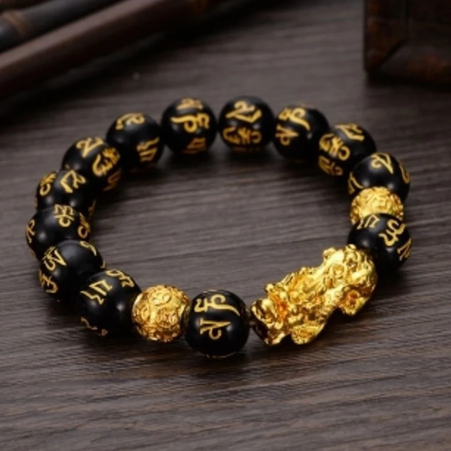 

Buddhism Feng Shui Obsidian Stone Beads Bracelet Men Women Unisex Brave Troops Wristband Gold Black Pixiu Wealth Lucky Bracelets