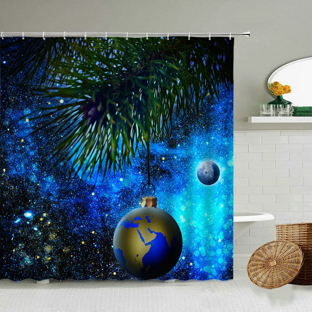 

Happy New Year Shower Curtain Merry Christmas Tree Balls Fantasy Snow Night View Bathroom Wall Decor With Hook Waterproof Screen