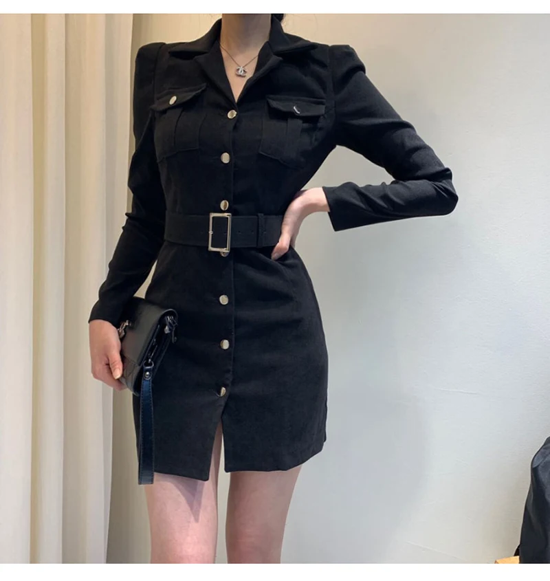 Trytree Autumn Winter Women Casual Dress Turn-down Collar Single Breasted Pockets Belt 5 Colour Slim fit Fashion Mini Dress