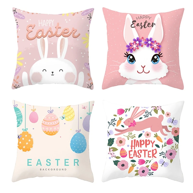 

4Pcs Bunny Easter Pillowcase Happy Easter Decor DIY Easter Wreath Pink Rabbit Easter Decor for Home Eggs Easter Gift