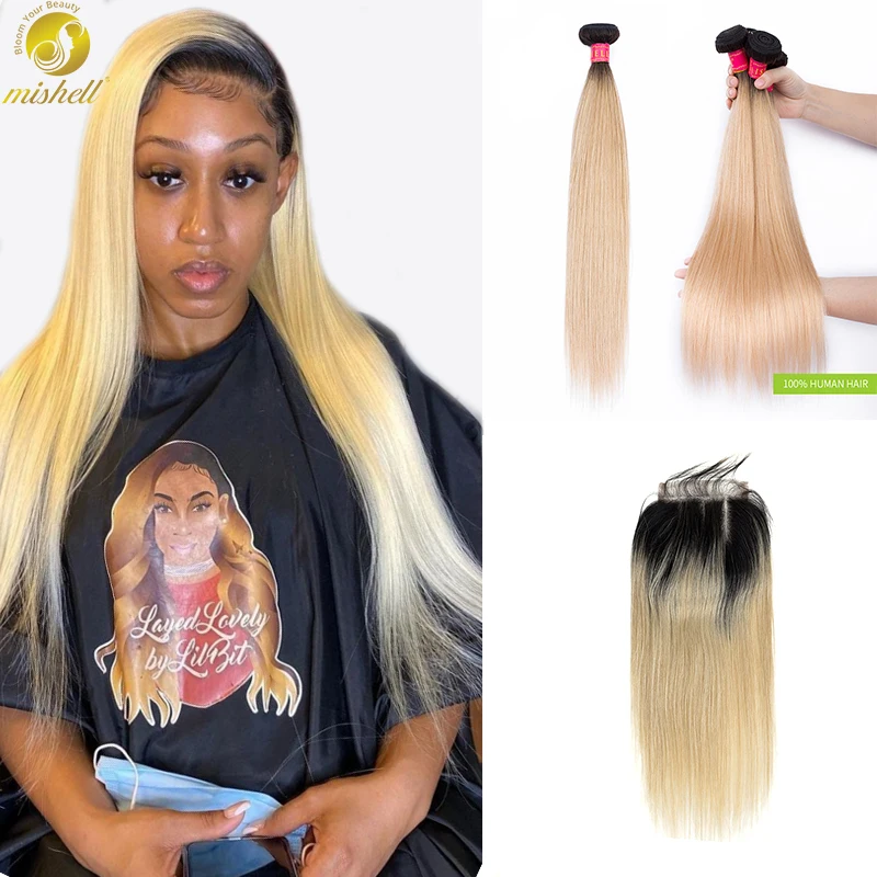 

Mishell 1B 613 Honey Blonde Brazilian Straight Remy Human Hair 3 4 Bundles with Lace Closure 4x4 Ombre Bundles with Closure