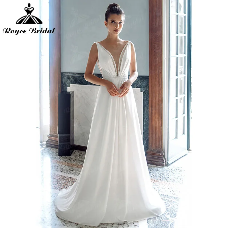 

Простое пляжное свадебное платье А-силуэта в стиле бохо, с глубоким V-образным вырезом, без рукавов, украшенное бусинами, женское Драпировоч...