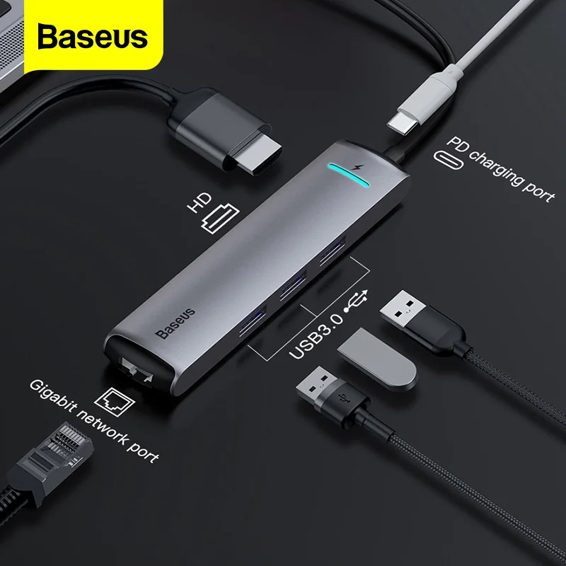 

Baseus USB C HUB Type C HUB to 4KHD RJ45 Ethernet Multi USB 3.0 Port PD Power Adapter For MacBook Pro Dock USB-C Splitter HUB