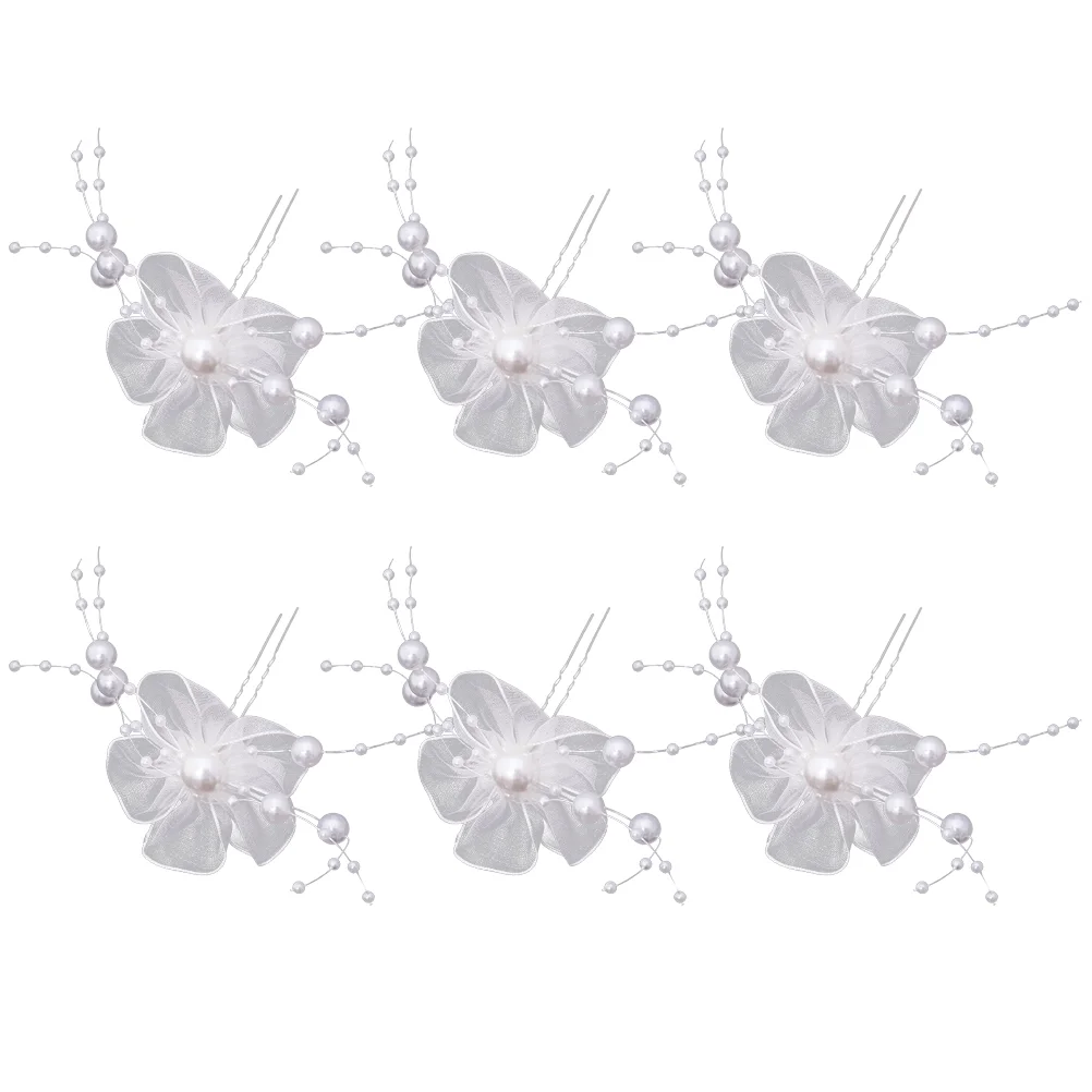 

6pcs Cloth Flower Manmade Pearl Hair Sticks U Shaped Hair Accessories Updo Hair Chopsticks (White)