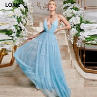 lorie light sky blue a line tulle prom dresses 2021 halter sexy backless maxi evening gown long simple formal party dresses