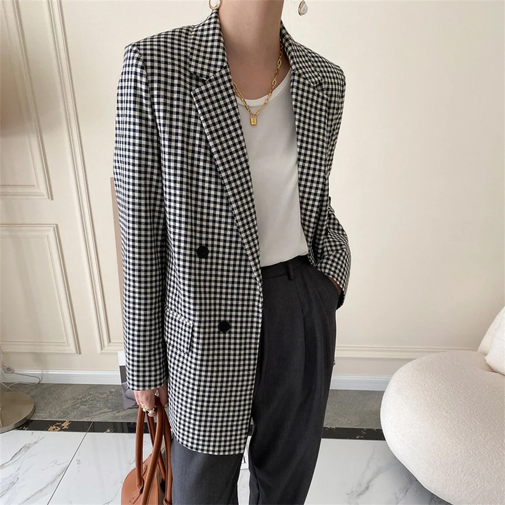

HziriP Black Plaid Formal New Plus Size Women Blazers Hot Classic Shoulders Pads New Femme 2021 Autumn Elegant Office Wear Coats