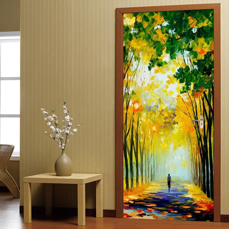 

Настенная ПВХ наклейка на дверь, абстрактная картина с изображением леса и пейзажа, водостойкая 3D картина маслом, домашний декор