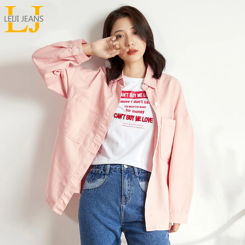 Женская розовая джинсовая рубашка LEIJIJEANS, модная длинная свободная рубашка из денима, модель 9140 большого размера на осень