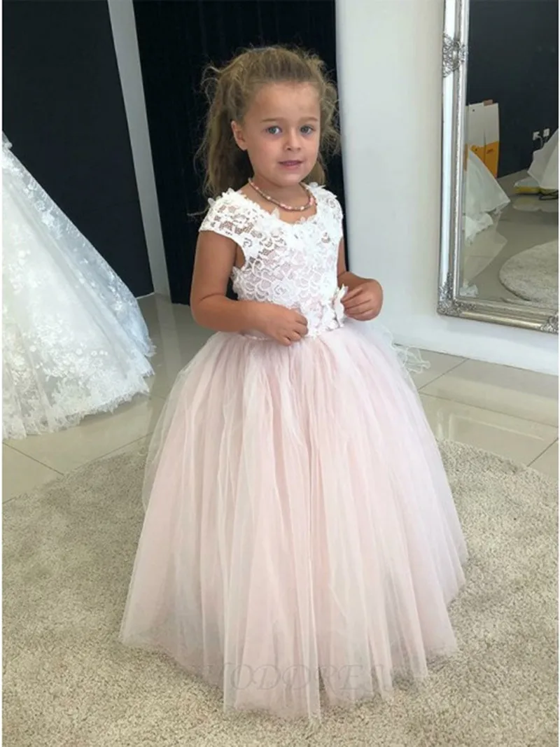 Pink Flower Girl Dress for Wedding With White Lace Applique Little Princess First Communion Dress