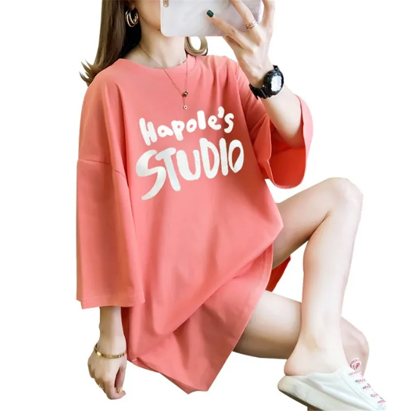 

M--4XL. Лето 2020 Новая женская Свободная хлопковая монограмма с коротким рукавом больших размеров