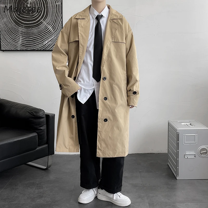 Тренч мужской длинный свободного кроя Классическая двубортная модная