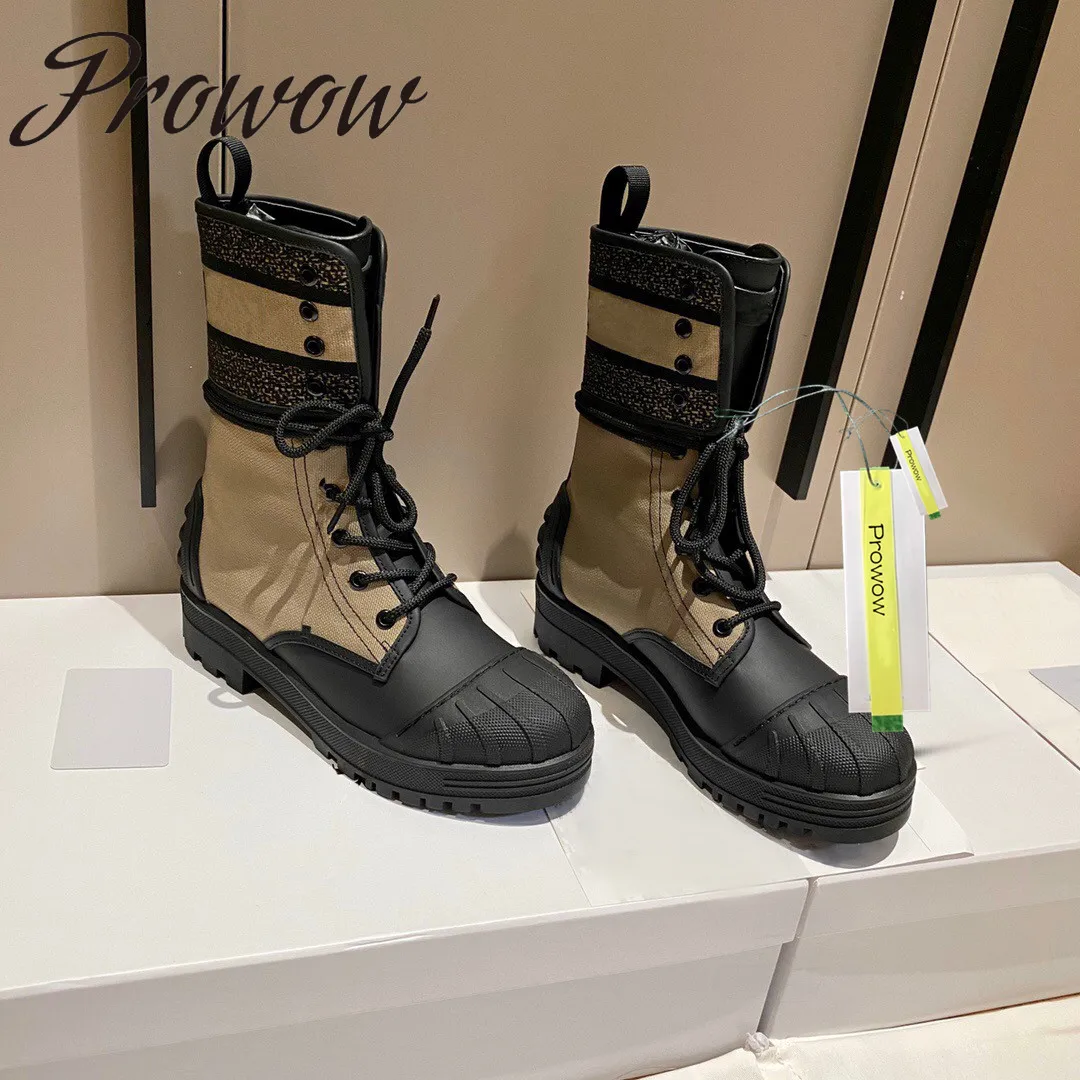  Prowow New Autumn Winter Lace Up Ankle Boots Round Toe Low Heel Moto Boots Luxury Designer Boots Shoes Women