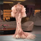 Розовое Элегантное Изысканное высококачественное вечернее платье с лямкой на шее длиной до пола со шлейфом фатиновое кружевное стандартное изготовление