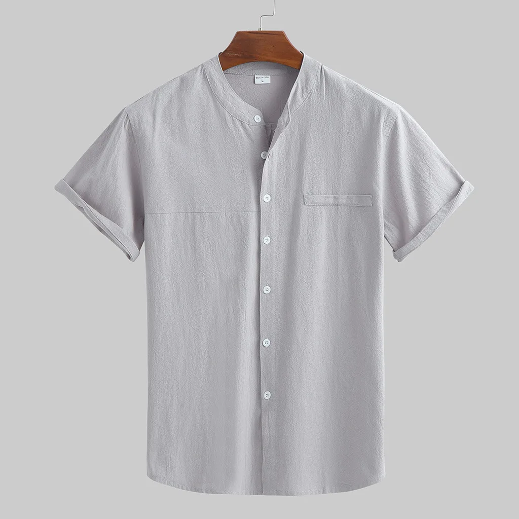 Linen shirt men's short-sleeved stand-up collar summer thin loose men's small fresh casual