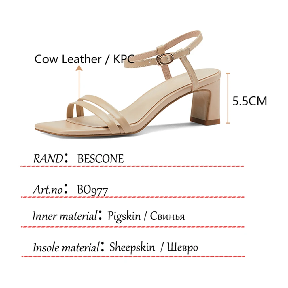 

BESCONE Women Sandals Leisure Summer Genuine Leather Shoes Thick Heel Open Toe Buckle Strap Comfort Fashion Lady Shoes BO977