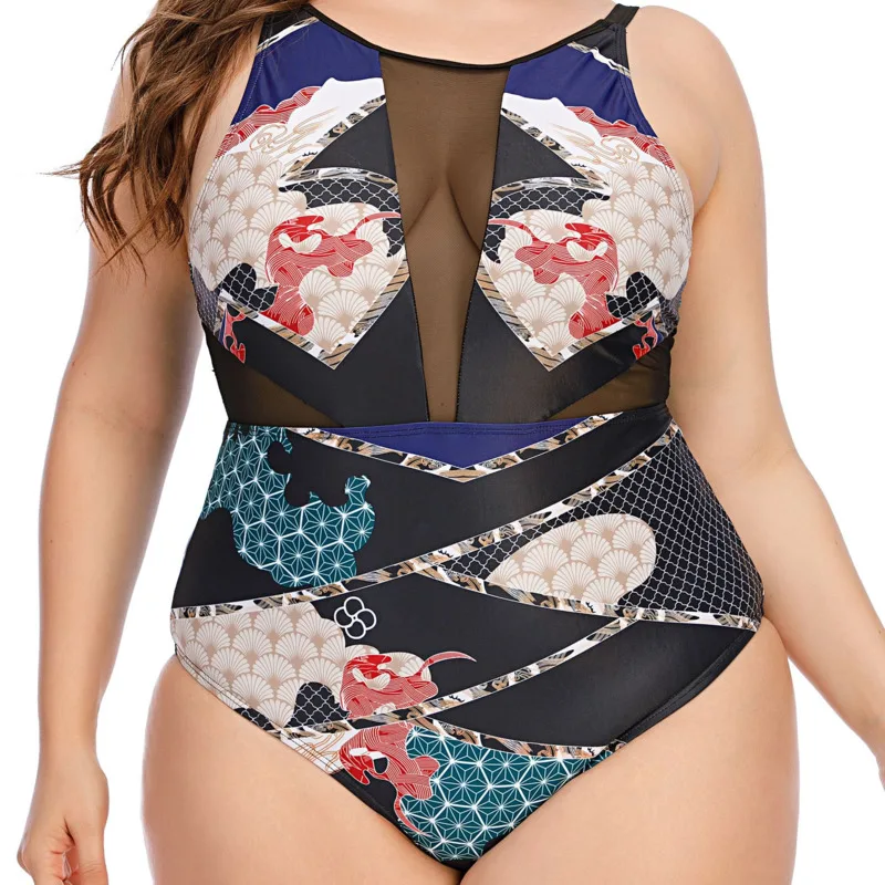 

Women Swimsuit One Piece Plus Size Push Up Swimwear Mesh printing Plussize Swimming Suits Beachwear Bathing Suits for Famale