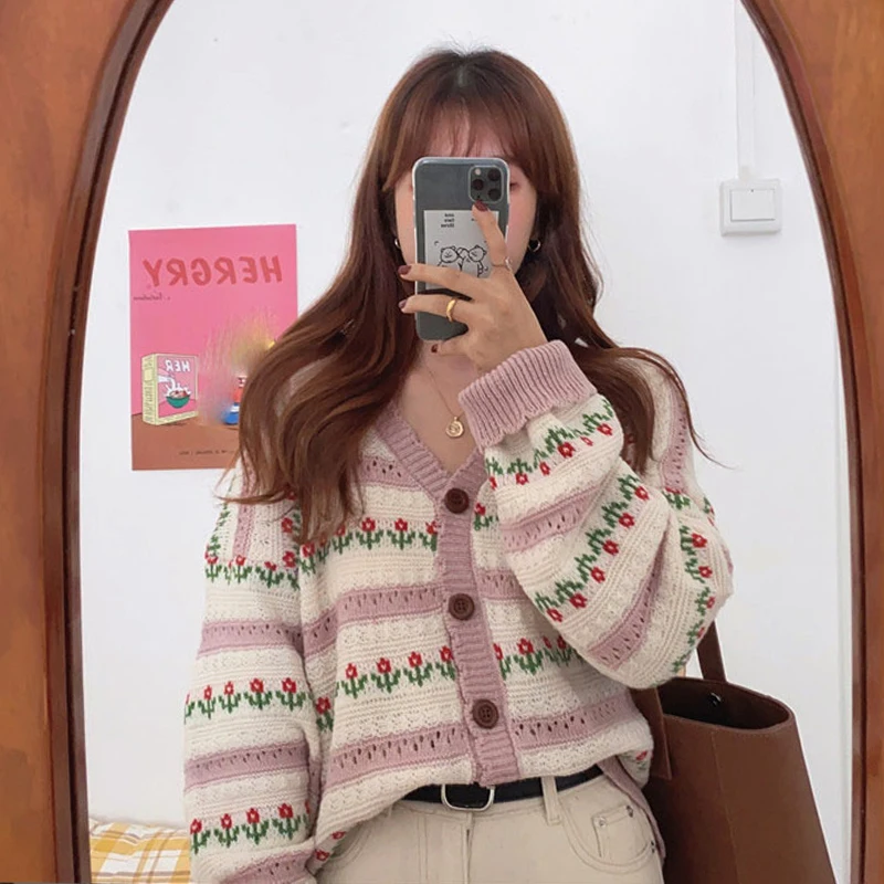 Женский вязаный кардиган Korobov Свободный Красный с длинными рукавами в Корейском
