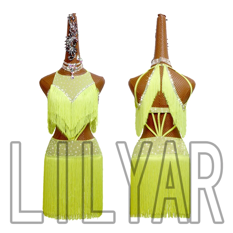 

Latin Dance Dress Competition Dress Costumes Skirt Performing Dresses Rhinestones Customize size Fluorescent green Fringed dress