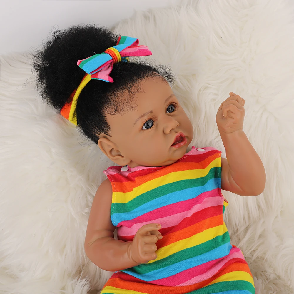 

22inch Reborn Girl Doll Saskia Popular Bebe Silicone/Cloth Full Body Rainbow Suit Handmade African American Baby Toy