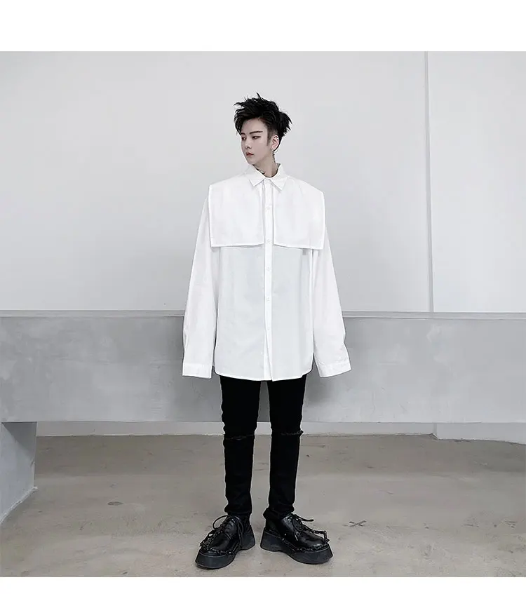 

New Men Long Sleeve Casual White Black Shirt Male Streetwear Vintage Fashion Loose Shirt