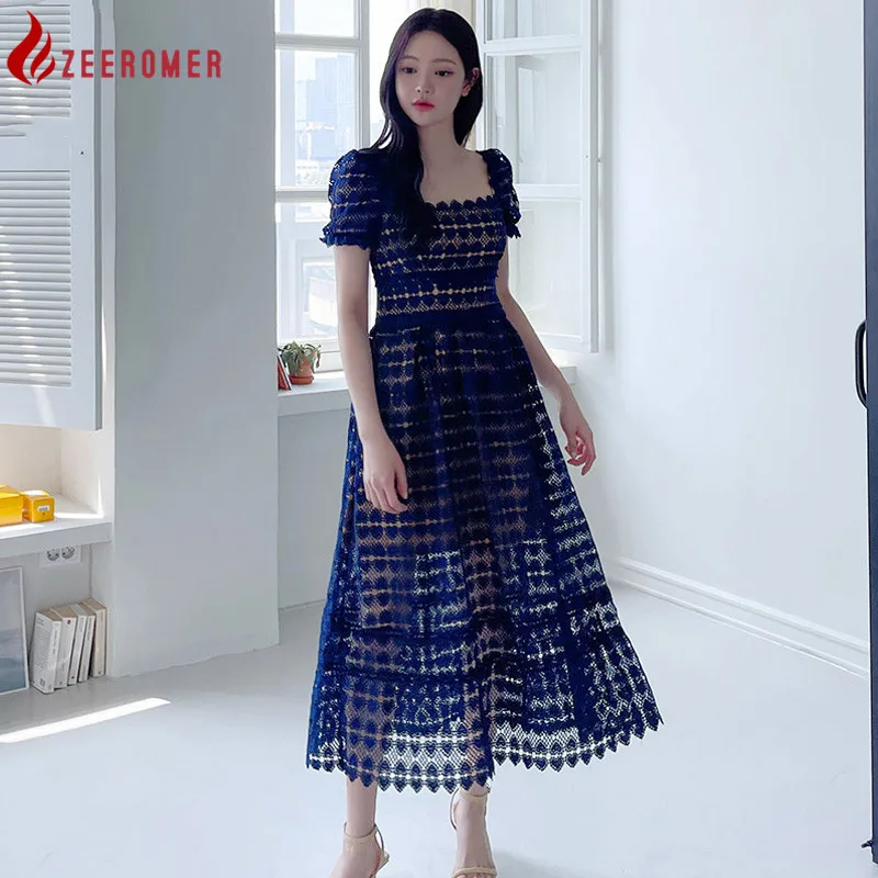 

High Quality 2022 Summer Lace Hollow Out Long Dress Women Square Collar Short Sleeve Leaky Back High Waist Slim Big Swing Dress
