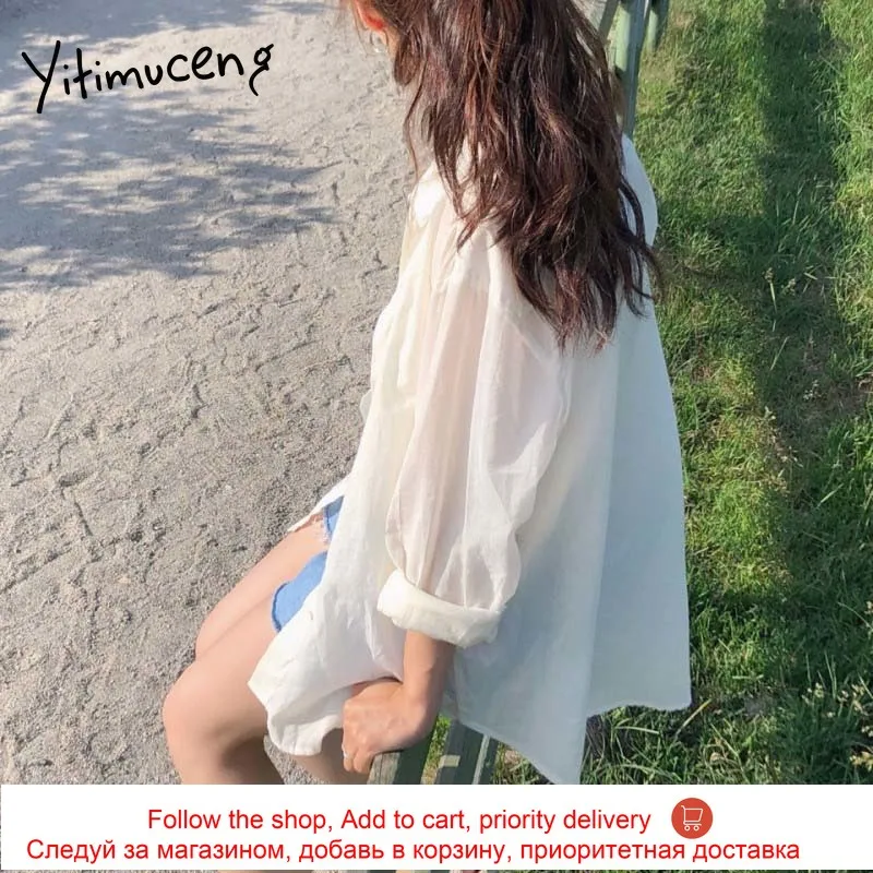

Yitimuceng Button Up Blouse Women Casual Straight Shirts Unicolor White Orange Pink Clothes 2021 Summer Korean Fashion New Tops
