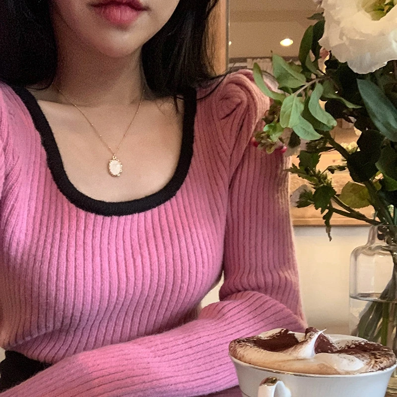 RICININA Knitted Sweater Women Jumper 2020 Long Puff Sleeve U Neck Solid Elegant Casual Wool Pullover Woman Spring | Женская одежда