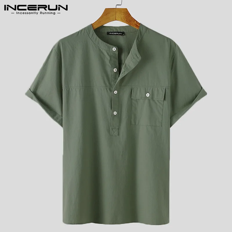 

Рубашка INCERUN мужская с коротким рукавом, хлопковая дышащая блуза, винтажная сорочка с воротником-стойкой, на пуговицах, однотонная, топ для о...