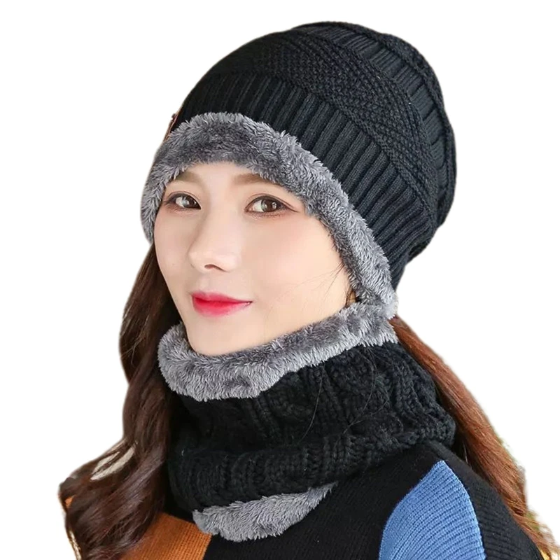 

2Pcs Winter Chunky Knit Beanie Hat Circle Scarf Set Plush Lined Warm Skull Cap