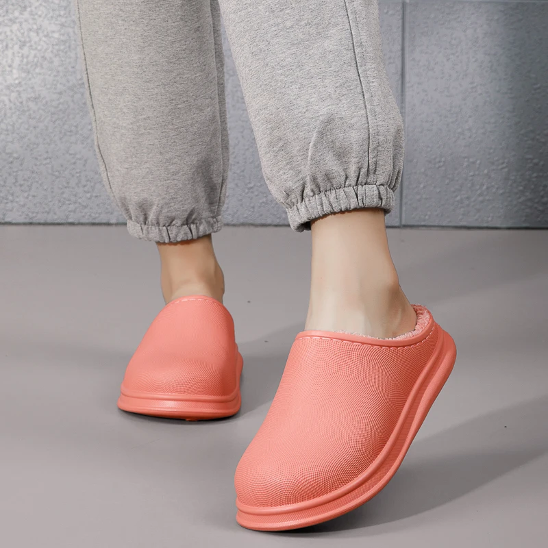 

Waterproof Winter Cotton Slippers Croc Female Home Household Warm Women Shoes Indoor Out Leather Bread With Moon Cotton Shoes