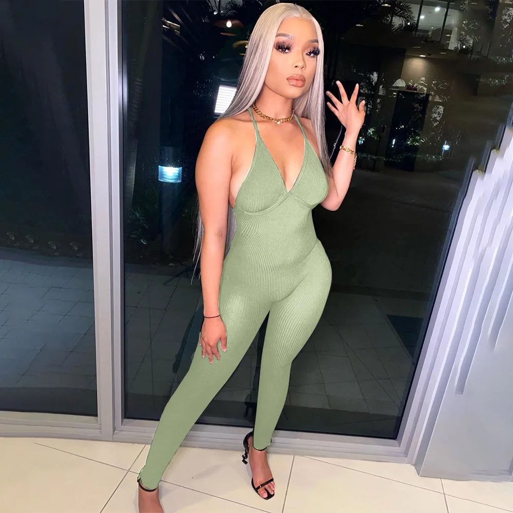 

Black Blue Green Ribbed Skinny One Piece Overall Women Hanging Neck Backless Party Jumpsuit Fashion Female Bodycon Bodysuit New