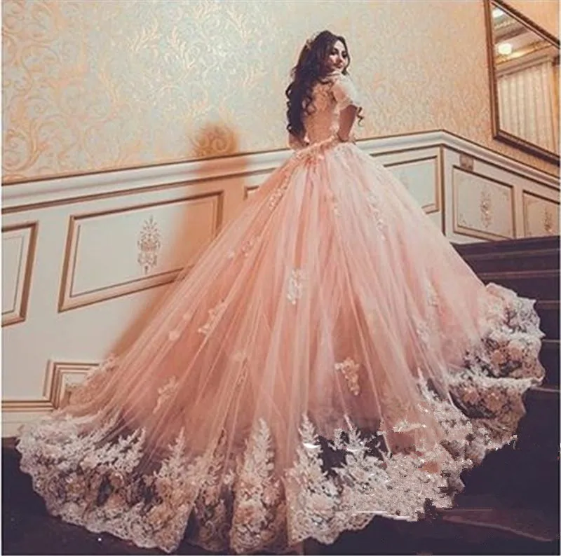 

Vintage Blush Pink Ball Gown Arabic wedding Dresses 2020 Vintage Lace 3d Floral 1/2 Sleeves Plus Size Engagement wedding Gowns