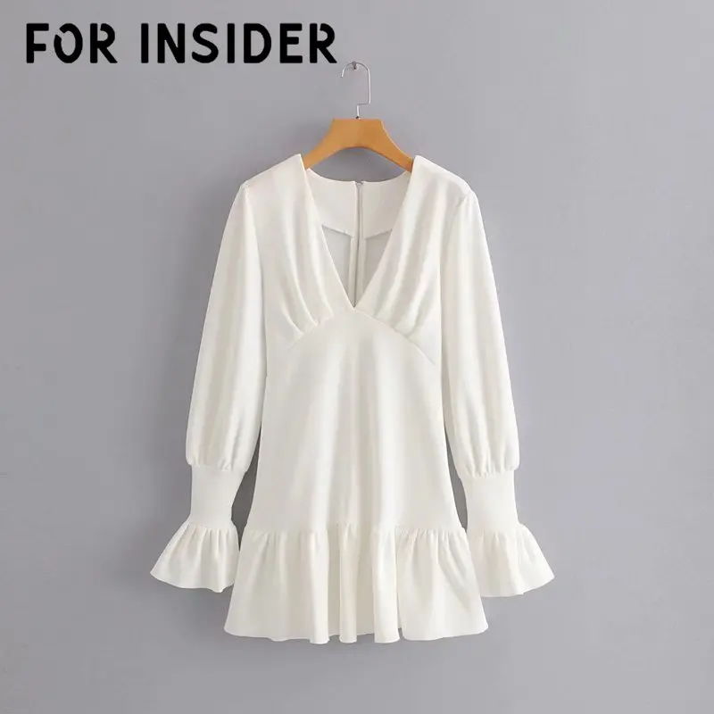For Insider V neck vintage ruffle white dress Women flare sleeve slim bodycon elegant Party club autumn winter sexy | Женская одежда