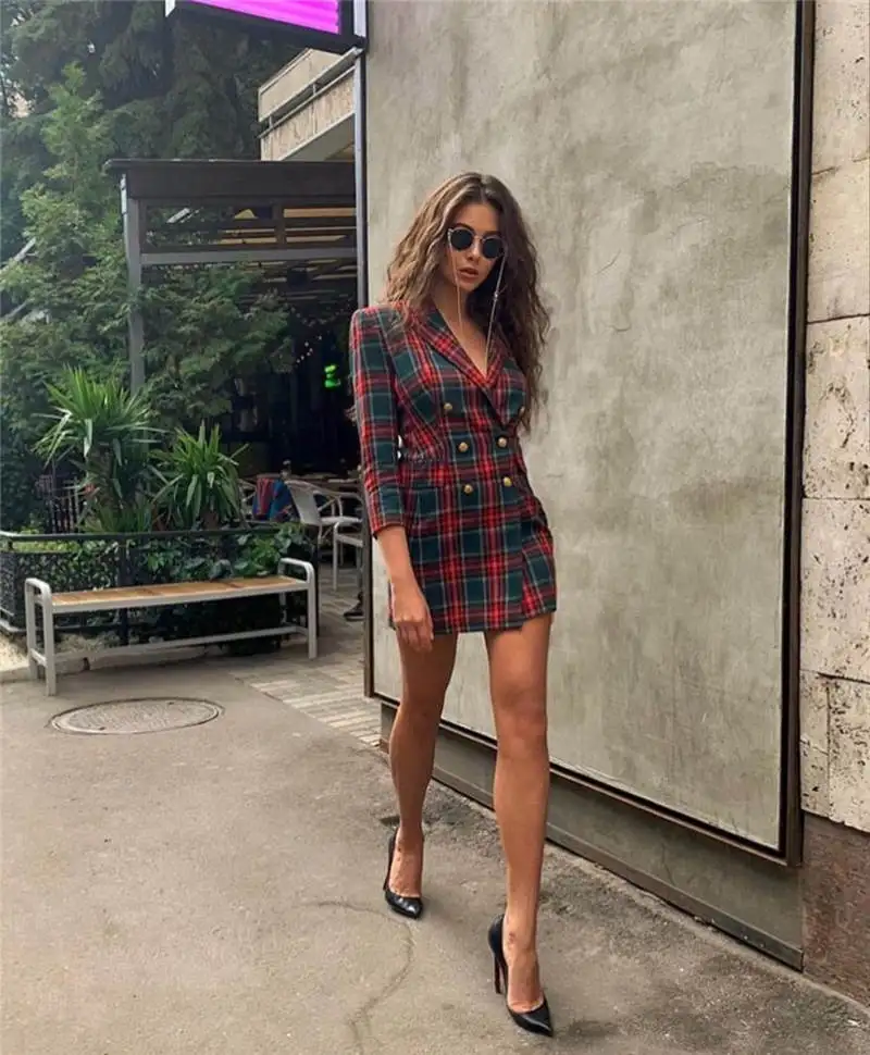 Двубортное платье блейзер для женщин с клетчатым принтом 3/4 рукав офисное