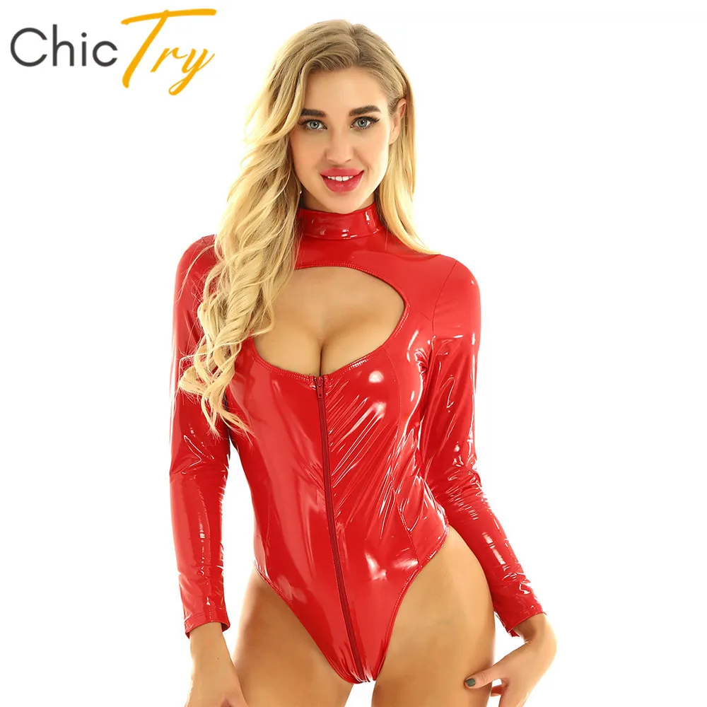 Женский слитный купальник из лакированной кожи с длинным рукавом и вырезами| |