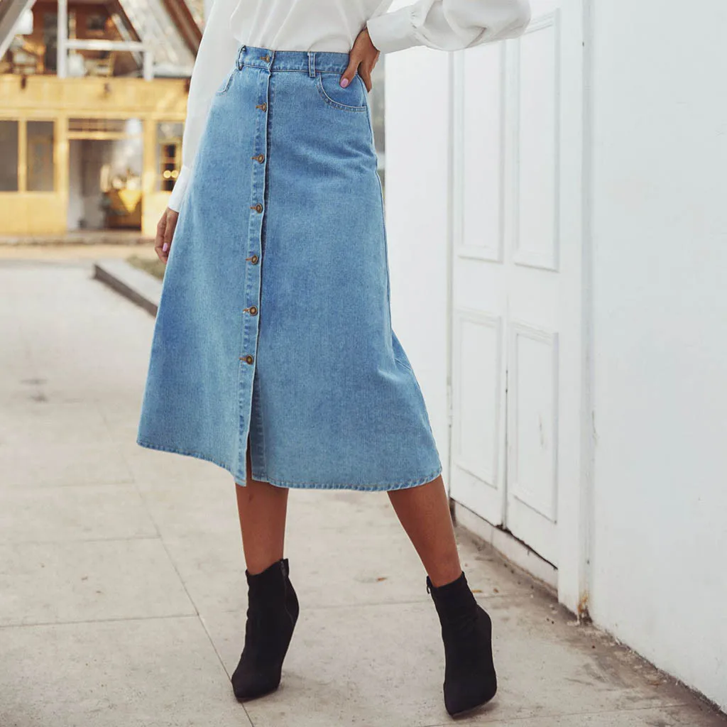 Женская летняя джинсовая повседневная Юбка на пуговицах с карманом Юбки