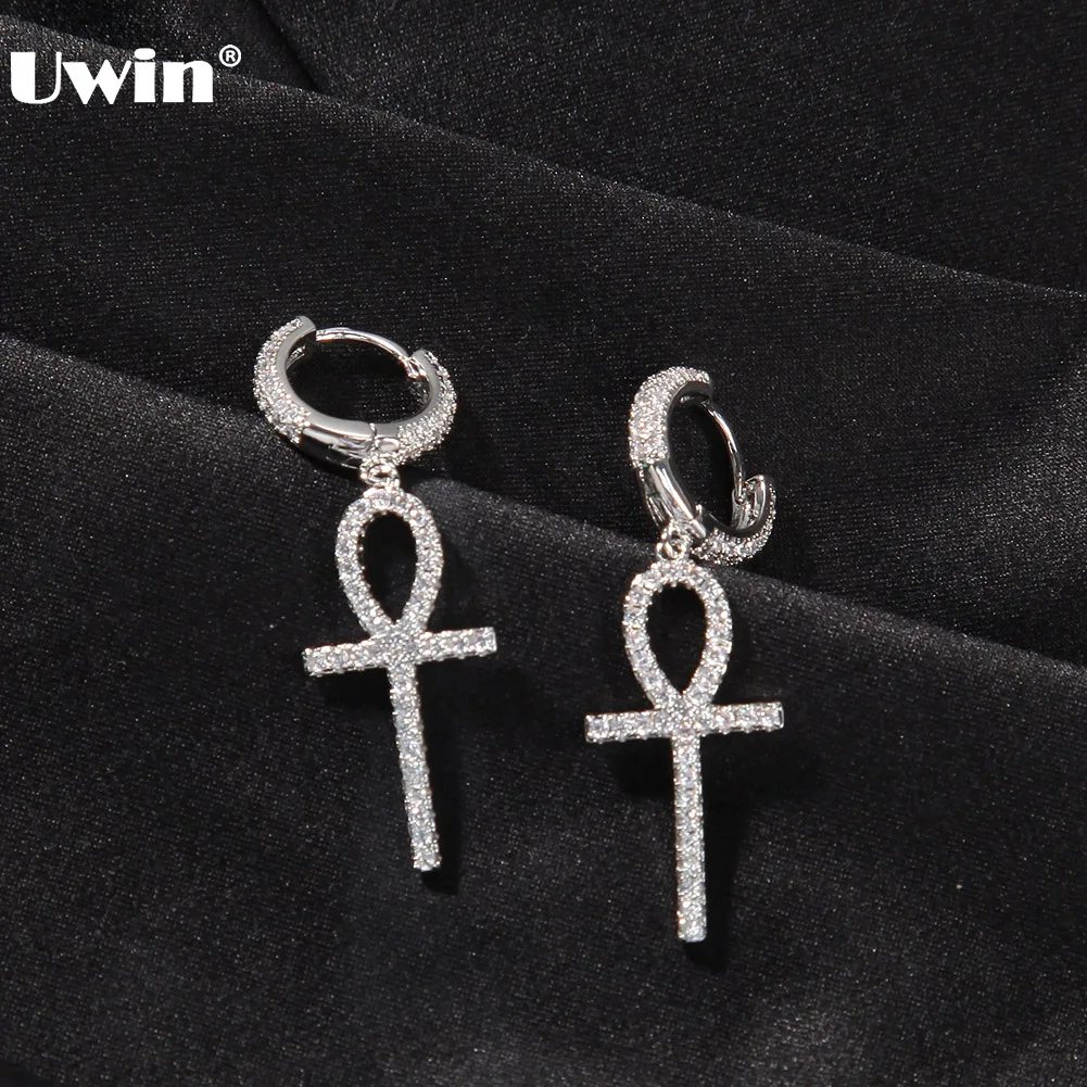 

UWIN 1 Pair Iced Zircon Ankh Cross Drop Earrings Micro Paved AAA Bling CZ Stone Earrings Men Women Hip Hop Jewelry Drop Shipping
