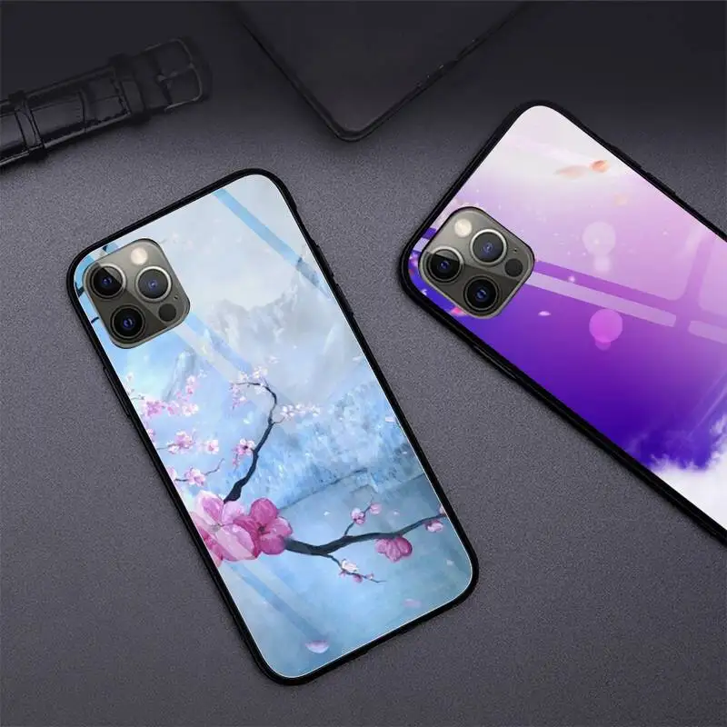 

Fashion Cherry Blossoms Phone Case Tempered Glass For iphone 11 13 iPhone 12 Pro Max Mini XR XS MAX 8 X 7 6S 6 Plus phone cases