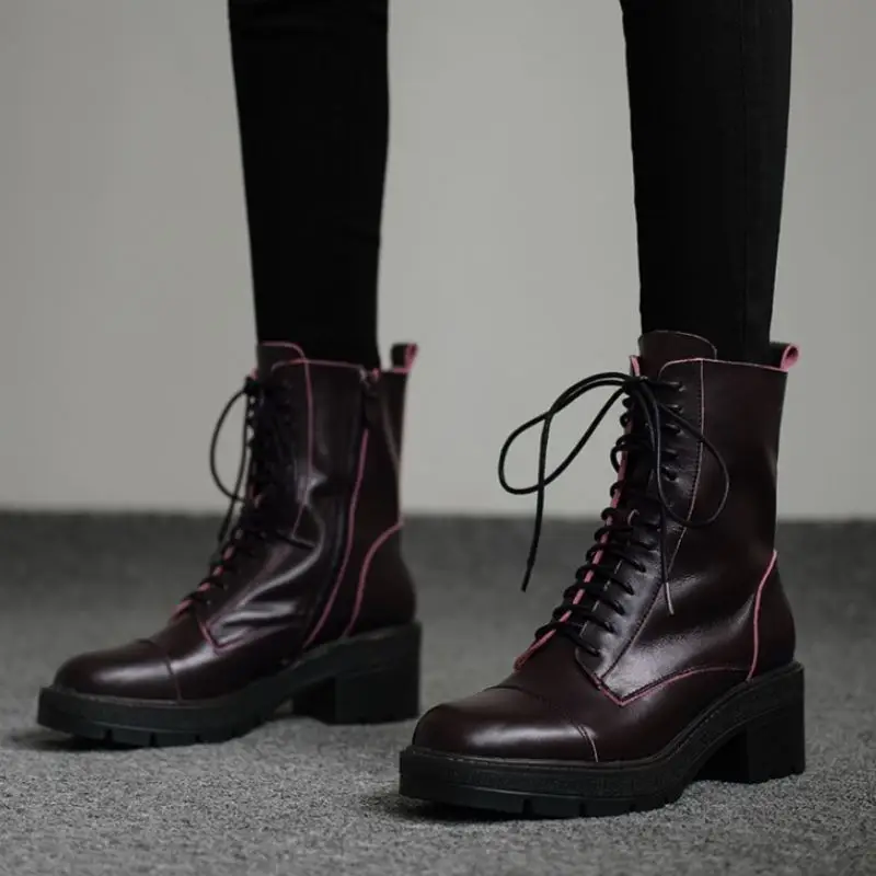 

RIZABINA New Women Ankle Boots Real Leather Thick Bottom Cool Short Boots Fashion Winter Shoes Woman Footwear Size 33-40