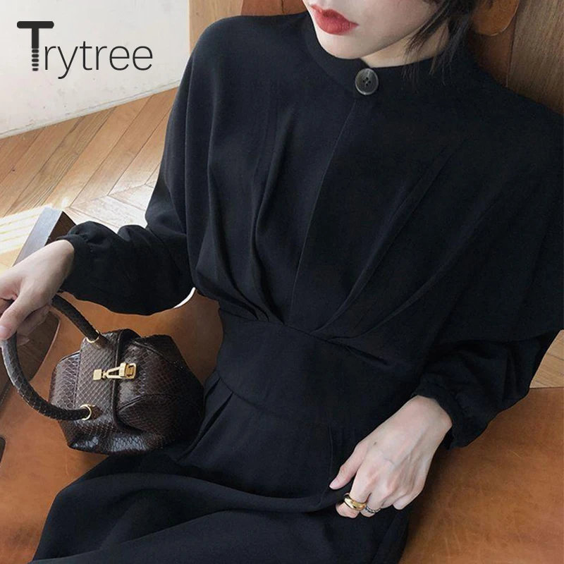 Женское повседневное платье с воротником-стойкой пуговицами и пышными рукавами |