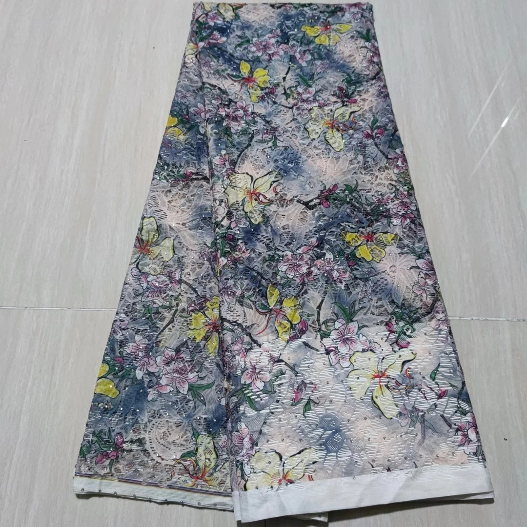 

Wholesale soft satin silk fabric with stones,good quality print African lace fabric for Summer dress! YP01