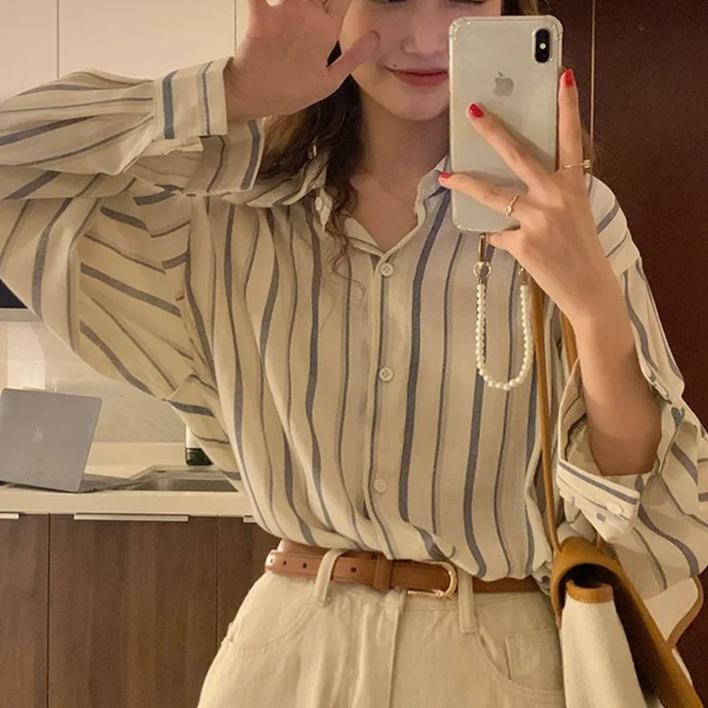 

Autumn Winter Stripe Long Sleeve Shirt Women's Dress Autumn French Shirt Design Sense of Minority Small Chic Top