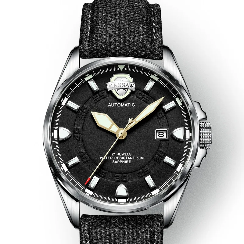 Мужские часы KASSAW в стиле милитари светящиеся автоматические механические с
