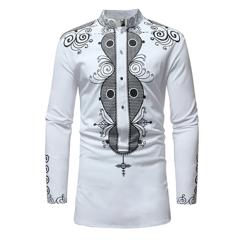 

New 2020 Autumn Casual Male Shirts Vintage African Ethnic Print Long Sleeve Stand Collar Shirts Tops For Men
