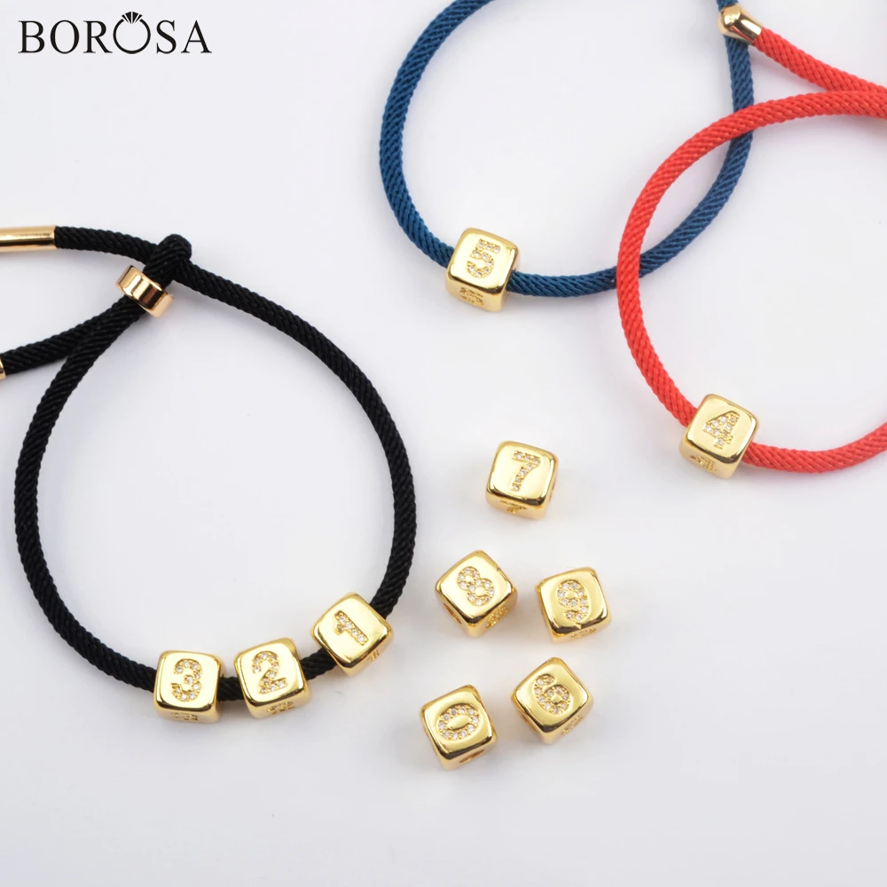 BOROSA Квадратные золотые бусины браслеты на удачу для девушек цифры CZ микро паве