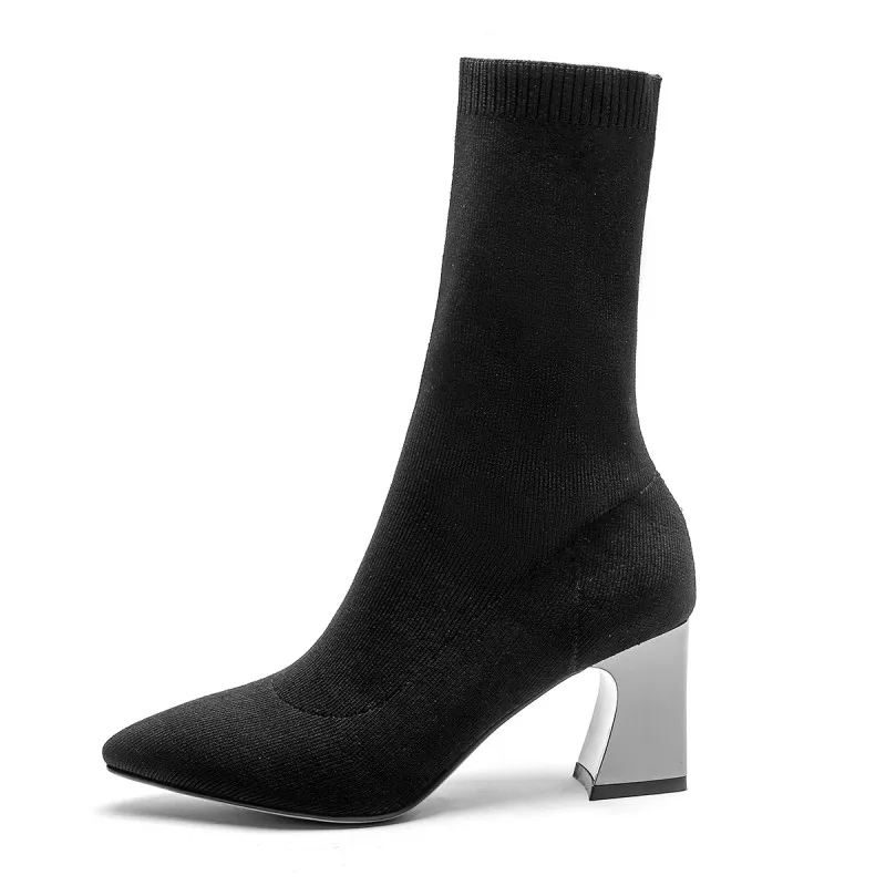 Однотонные эластичные ботинки на высоком каблуке с острым носком большой размер