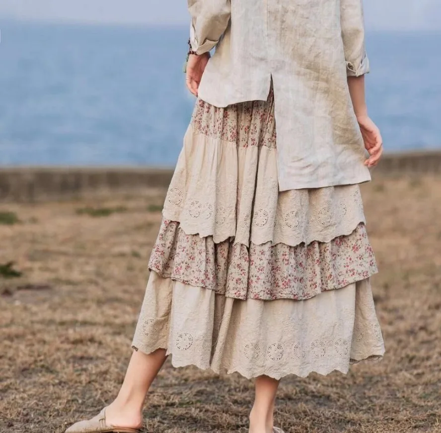 Женская винтажная льняная юбка с эластичным поясом Весенняя цветочной вышивкой