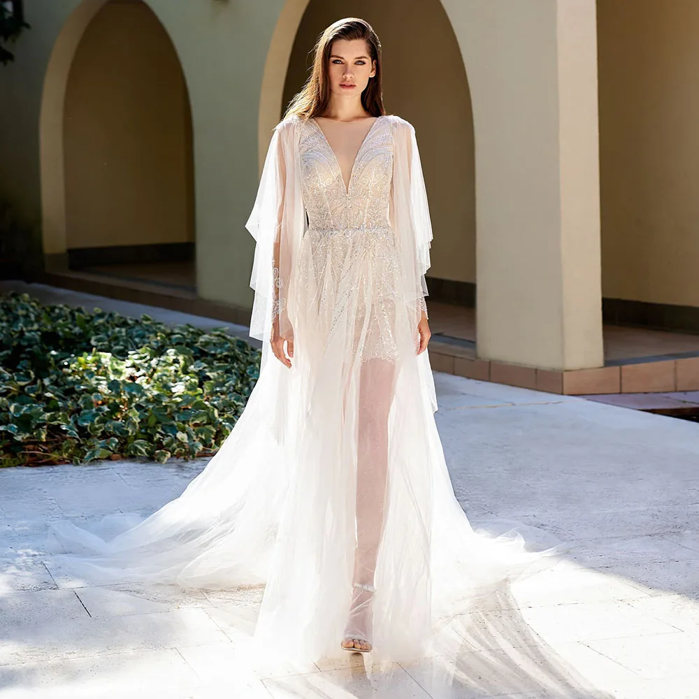 

A-Line Appliques Sexy Backless Wedding Dresses O-Neck Full Sleeves Beading Sequined 2021 New Hot Sale Floor Length Bridal Gowns