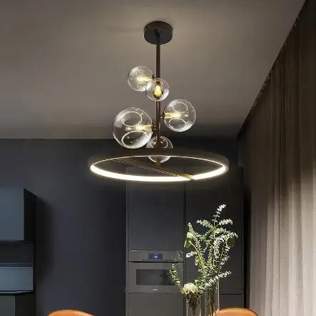 

Подвесная лампа в скандинавском стиле, круглая Потолочная люстра черного цвета, освещение для лофта, гостиной, столовой, кухни, 28, 48 см