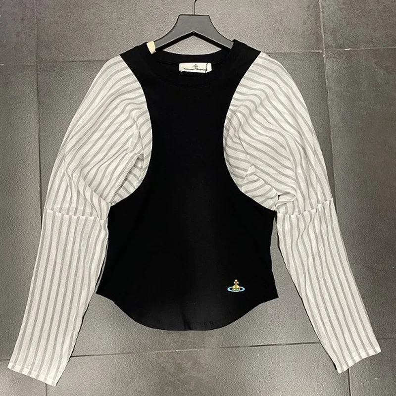 

Woman Tops Embroidery Logo Fashion Avant-garde Stitching Silk Cotton Long-sleeved T-shirt